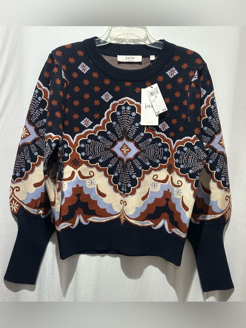 Joie Navy Medallion Jacquard Puffy Sleeves Sweater - Women’s Size L